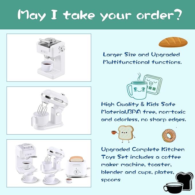 Pretend Play Kitchen Appliances Toy Set, Play Kitchen Accessories for Kids 3-8 with Coffee Maker, Toaster, Mixer with Light and Sound, Birthday Gift for Kids Ages 3 4 5 6 7 8，White