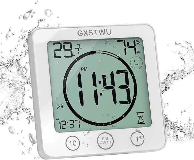 Digital Shower Clock, Bathroom Timer Clock, Waterproof for Water Spray, Count Up Count Down Alarm, Touch Screen Timer, Temperature Humidity, Wall Clock Magnet, Suction Cup, Hang, Stand (1pack)