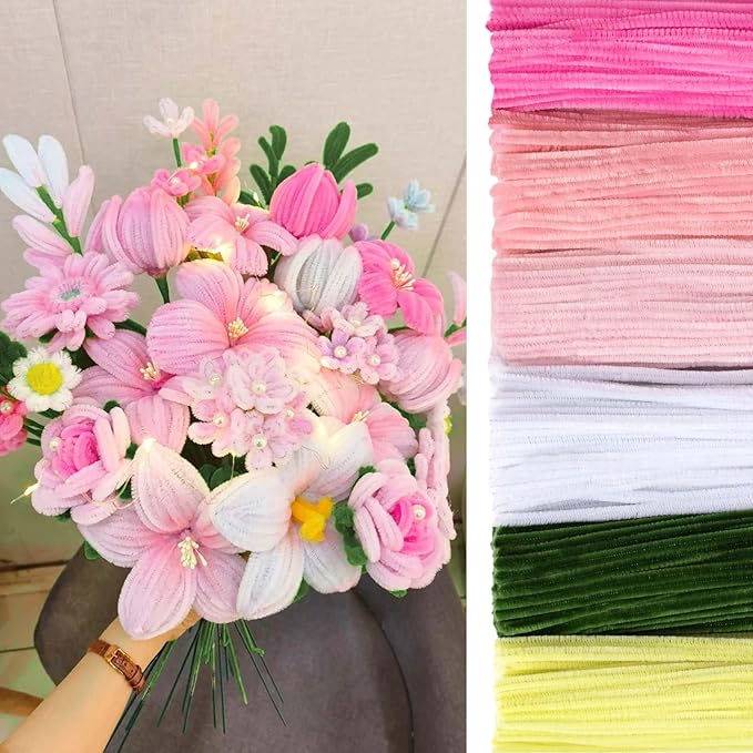 Peryiter 500 Pieces Pipe Cleaners Chenille Stems 12 Inch Craft Supplies Bulk for DIY Art and Craft Projects Creative Gift Wrapping Party Decorations(Pink Flower,12 Inch)