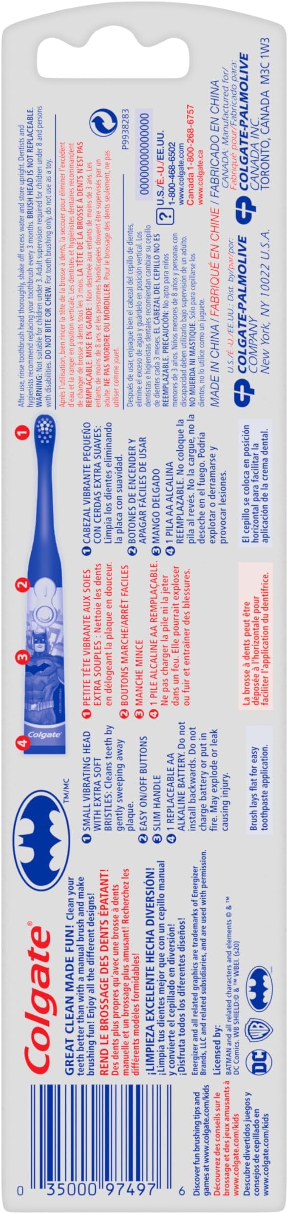 Colgate Kids Battery Powered Toothbrush, Batman, Extra Soft Toothbrush, Ages 3 and Up, 1 Pack , Colors May Vary