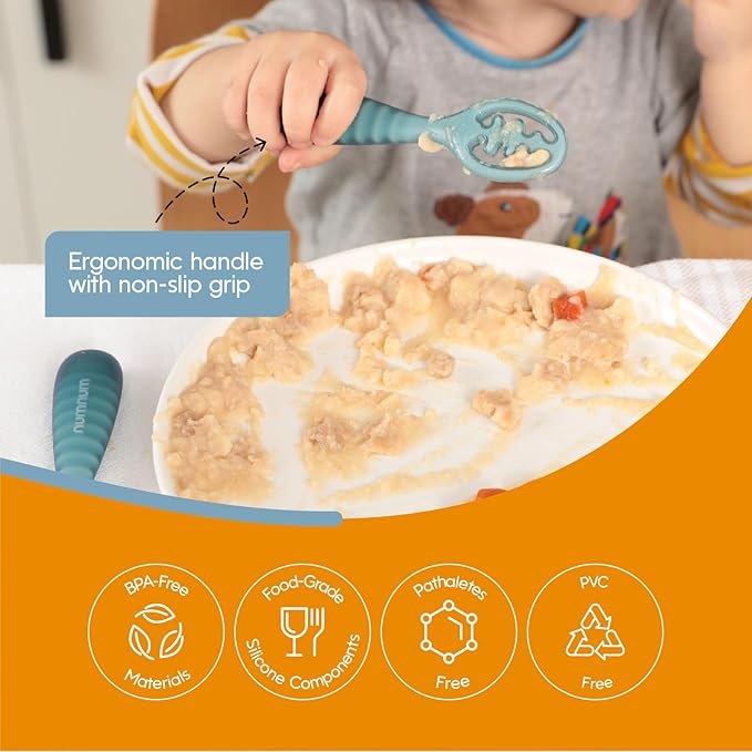 NumNum Baby Spoons Set, Pre-Spoon GOOtensils for Kids Aged 12+ Months - First Stage, Baby Led Weaning (BLW) Spoon - Self Feeding, Silicone Toddler Food Utensils - 1-Pack, 4 Spoons, Beige/Mauve