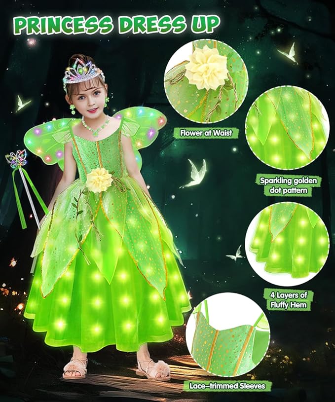TOLOYE Princess Dress Up for Girls, Princess Costume for Girls Light Up with Accessories for Halloween Carnival Cospaly