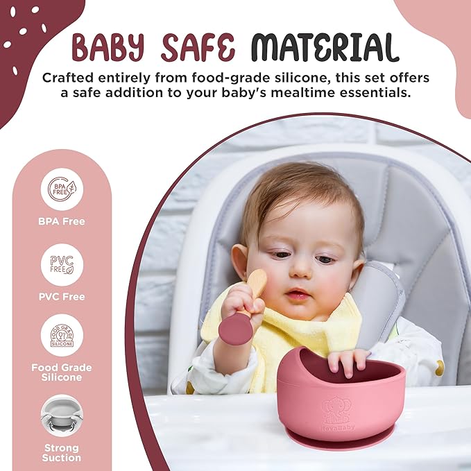 Silicone Baby Feeding Set, Eating Utensils with Suction Plate and Bowl, Baby Led Weaning Supplies, Toddler Self Feeding Dish Set with Waterproof Full Sleeve Bib, Spoon, 10pcs (Pink)