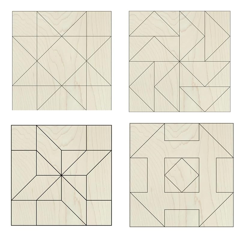 Set of 4 Barn Quilt Kit DIY Pattern Unfinished Wood Quilting Block Sign Paintable Art for Adults and Kids (6 Inches Square) (HST Friendship Star, Dutch Square, Flying Geese)