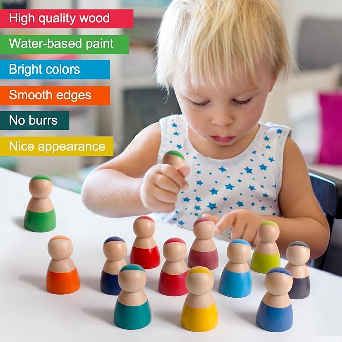 SHIERDU 12 PCS Rainbow Wood Peg Dolls Wooden Pretend Play People Figures for Toddlers Preschool Learning Educational Toys Wooden Toddler Toys for Boys Girls