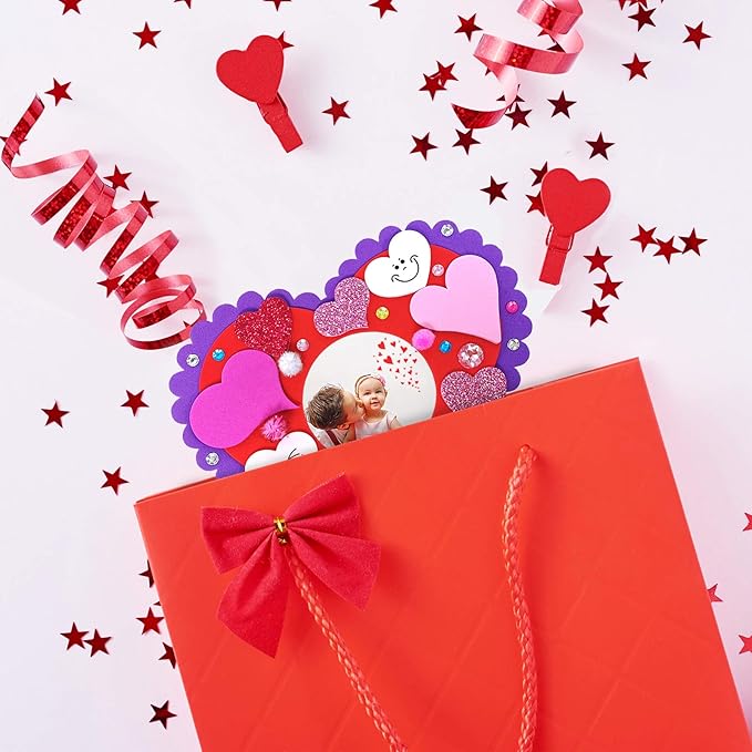 Winlyn 12 Sets Heart Picture Frames Decorations Valentine Crafts Kits DIY Heart Frames Art Sets Smile Hearts Foam Valentine Stickers for Kids Valentine's Day Party Classroom Activities Gift Exchange