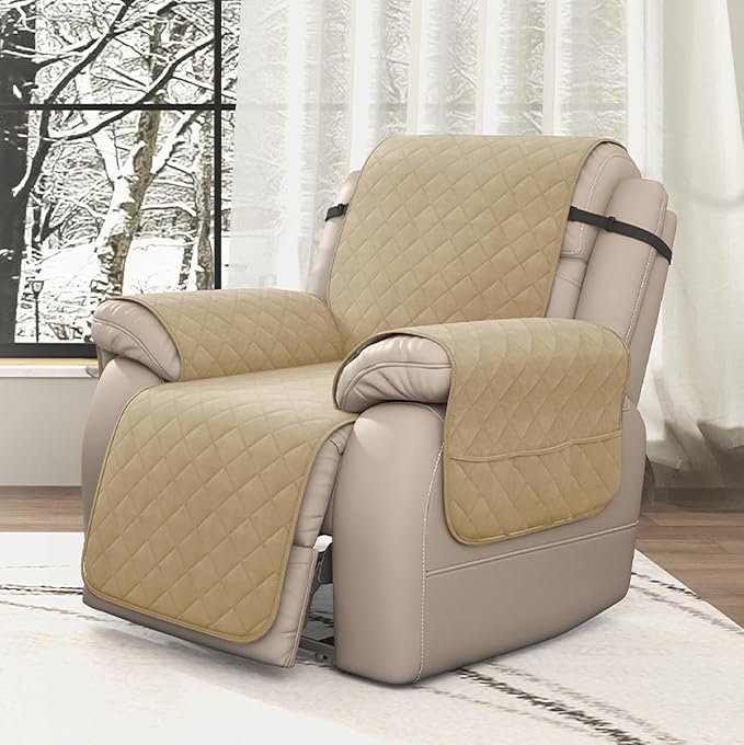 CHUN YI Recliner Chair Cover, Non-Slip Recliner Covers That Stay in Place, Washable Lazy Boy Recliner Covers with Pockets, Water Resistant Recliner Slipcover for Pets (Khaki, Large Recliner)