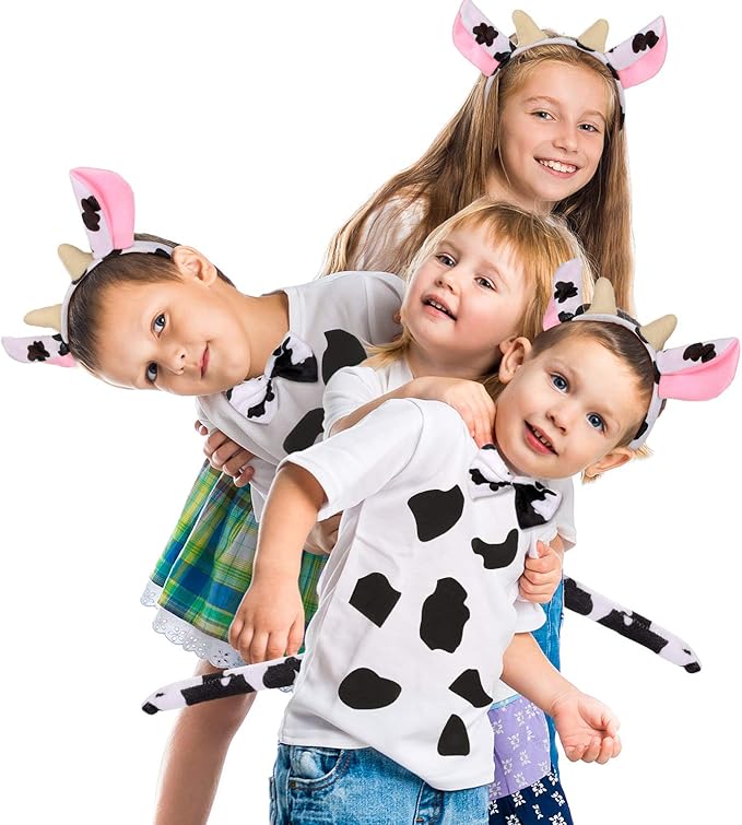 WILLBOND 5 Sheets Cow Felt Pads Adhesive Felt Circles with 1 Set Halloween Cow Ear Headband, Bow Tie and Cow Tail for Halloween DIY Costume, Over 6 Years