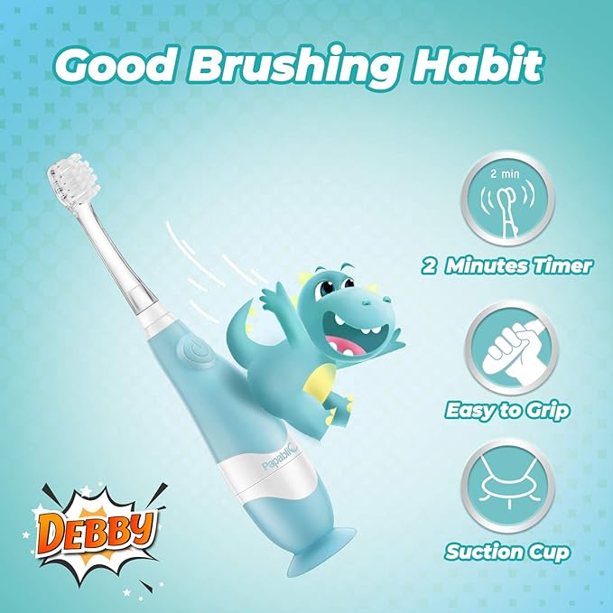 Papablic Toddler Sonic Electric Toothbrush for Ages 1-3 Years, Baby Electric Toothbrush with Cute Dino Cover and Smart LED Timer, 4 Brush Heads (Debby)