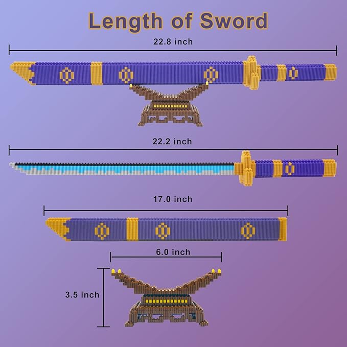 Cosplay Anime ONE Piece Zoro Swords Building Blocks Set, 22.8in Samurai Katana Zoro Sword Building Blocks with Scabbard & Stand, Cartoon Roronoa Yamato Sword Model