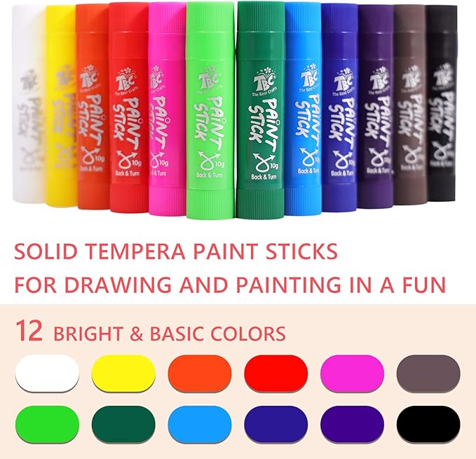 TBC The Best Crafts Paint Sticks,12 Classic Colors, Washable Paint, Non-Toxic, Tempera Paint Sticks for Kids and Students