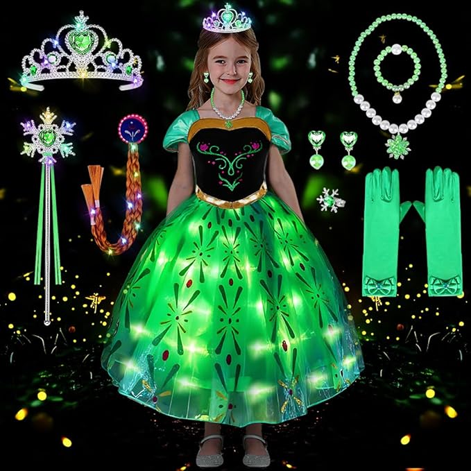 TOLOYE Princess Dresses for Girls, Light Up Elsa Anna Frozen Dress Up with Accessories for Birthday Halloween Carnival