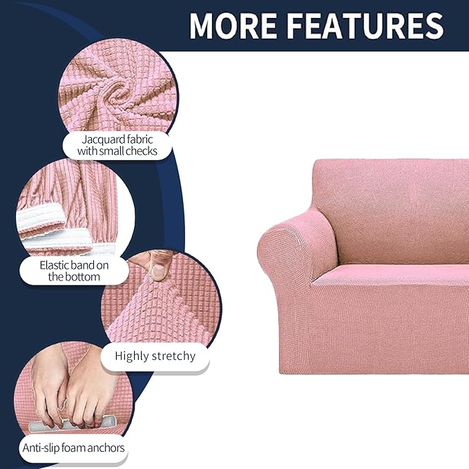 2025 New Stretch Oversized Sofa Slipcovers Couch Sofa Cover for 4 Seater Furniture Protector Covers with Elastic Bottom Jacquard Fabric Small Checks for Pets, Kids - Dusty Pink