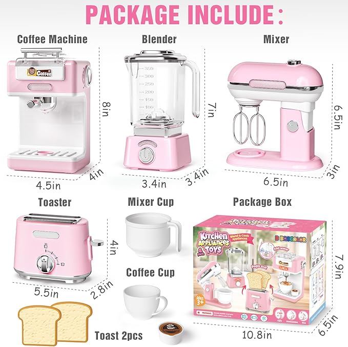Pretend Play Kitchen Appliances Toy Set with Realistic Coffee Maker Machine, Toaster, Mixer and Blender, Kids Kitchen Playset with Sound & Light for Kids Age 3–5 4-8