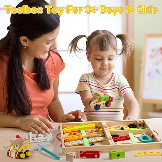 TONZE Kids Tool Set Wooden Toddler Tools Montessori Toys for 3 4 Year Olds, 34 PCS Educational STEM Construction Toys Pretend Play Toddler Tool Set Birthday Gift for Age 3-4 Boys & Girls