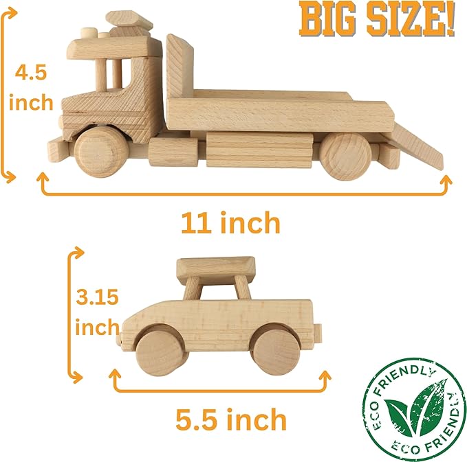 Wooden Towing Truck Toy with Wooden Car - Tow Truck - Sturdy Toy Vehicle for Toddlers - DIY Toys - Semi Trailer Truck Prepared for Paint - Wooden Trucks