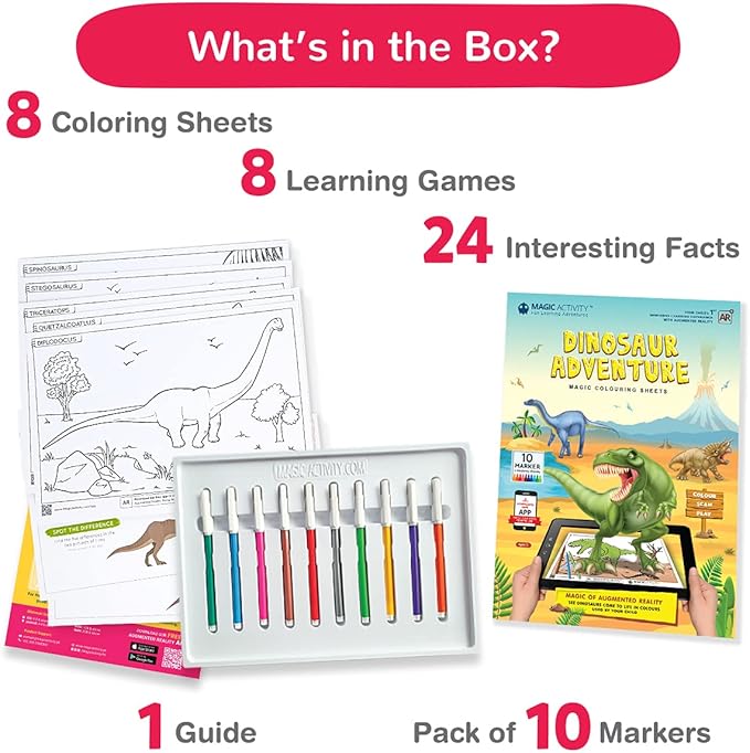Dinosaur Adventure Augmented Reality Coloring Book w/Educational Learning Activities for Kids Ages 4-8 - Bring Dinosaurs to Life (10 Washable Markers & App Included)