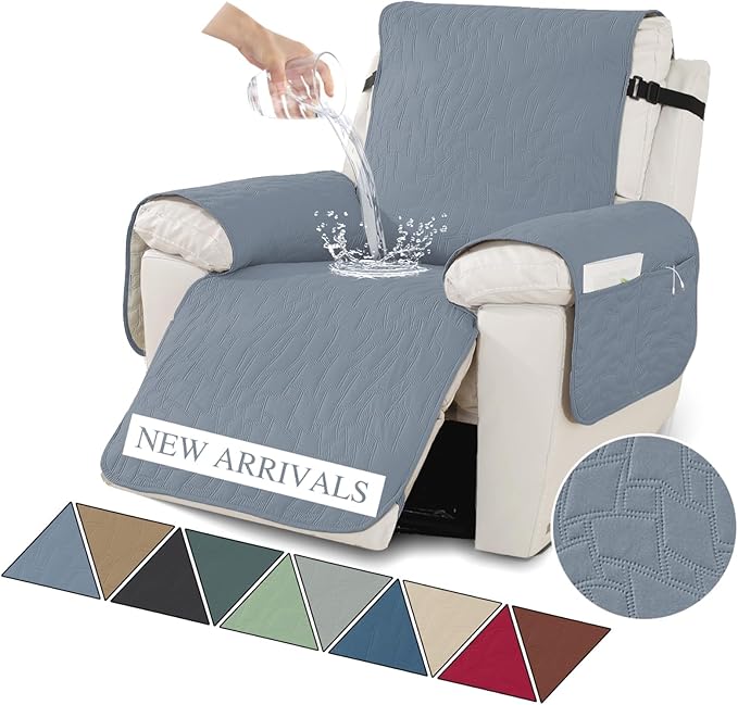 XINEAGE 100% Waterproof Recliner Chair Covers with Elastic Straps, Nonslip Reclining Couch Covers Washable Recliner Couch Cover with Pockets Furniture Protector for Pets Dogs (Greyish Blue, 23")