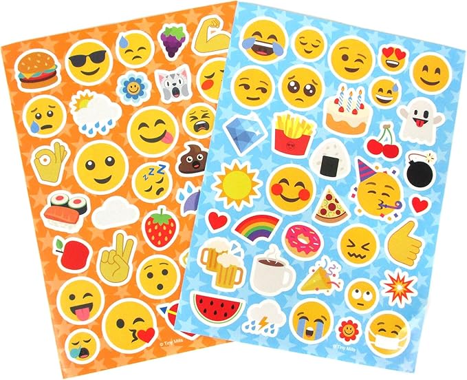 TINYMILLS Emoji Birthday Party Favor Set (12 multi-point pencils, 12 stampers, 12 sticker sheets, 12 small spiral notepads) Emoji Pencils Emoji Stampers Emoji Notepads Emoji Stickers