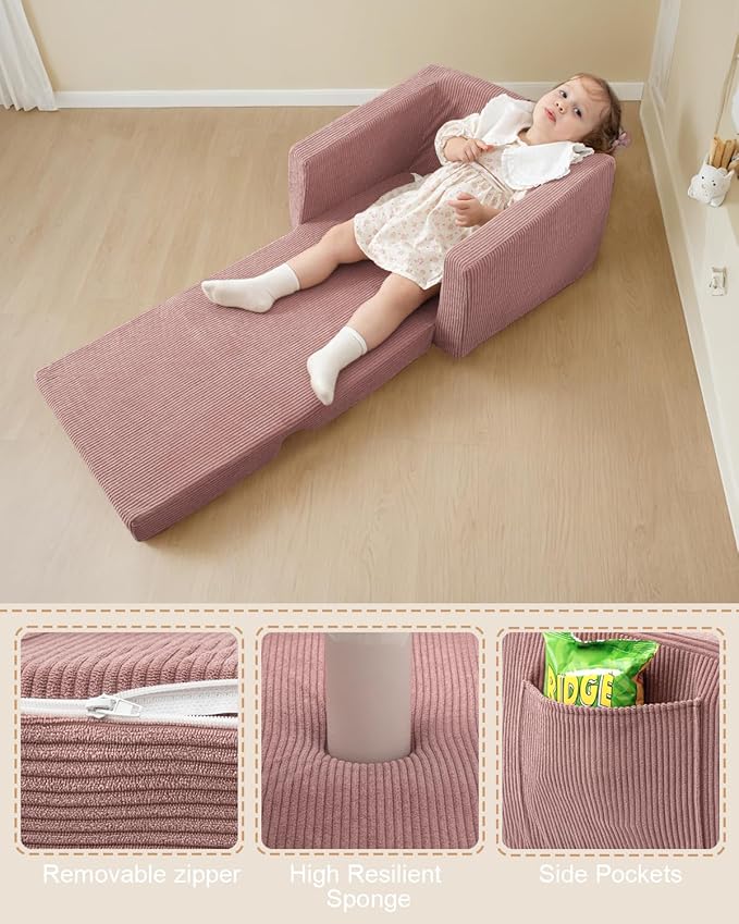 Toddle & Kids Chair,2-in-1 Soft Toddler Couches That Fold Out,Toddler Chairs Comfy 1-3 Years Old,Convertible Sofa to Lounge,Pink