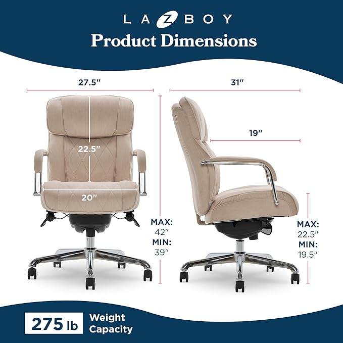 La-Z-Boy Sutherland Quilted Leather Executive Office Chair with Padded Arms, High Back Ergonomic Desk Chair with Lumbar Support, Cream Microfiber Fabric