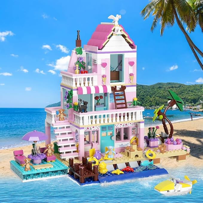 MindBox Girls Seaside Villa Building Blocks,812pcs Beach House Building Toys for Kids Age 8+，Mini Brick