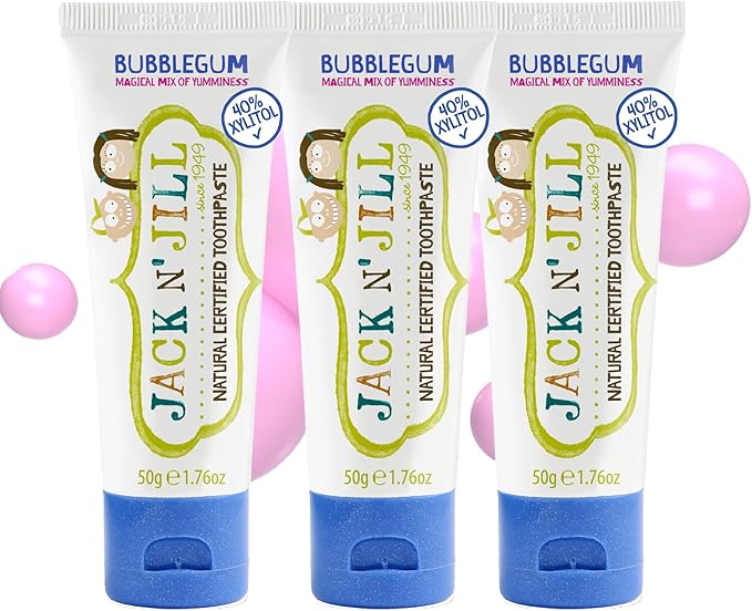 Jack N' Jill Natural Toddler Toothpaste for Baby, Kids and Infants 6 Months & Up, Fluoride Free Training Toothpaste for Toddlers 1-3 (1.76 Fl Oz (Pack of 3), Bubbleugm)