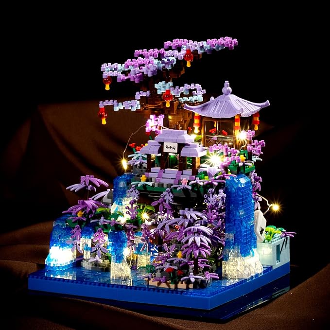 Peach Blossom Pond Building Blocks Set,Building Blocks Set Gifts for Adults and Kids, Micro Bricks Cherry Blossom Tree House Kit with LED Light and Display Box（2500+Pieces）
