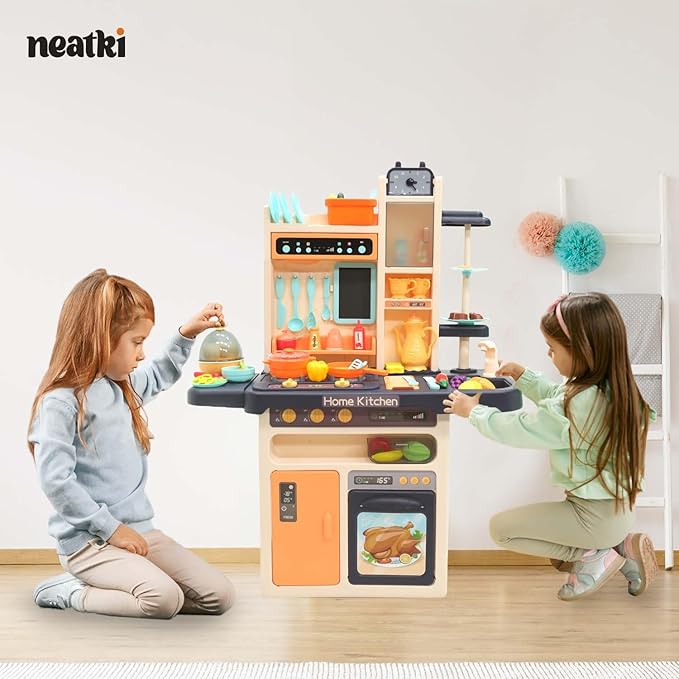 Kids' Play Kitchen Set, 65-Piece Toy Set for Toddlers, 27.95 x 11.22 x 36.81 Inch, with Functional Faucet, Realistic Steam Effects, Lights and Sounds (Blue)