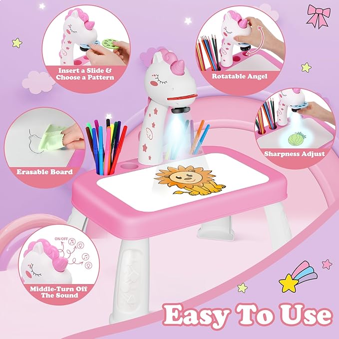 Drawing Projector for Kids, Drawing Board with Music, Color Pens, Pencils, Crayons, Scrapbook, Unicorn Sticker Book, Ideal Toy for 3+ Year Old Girls & Boys (Unicorn Kit)