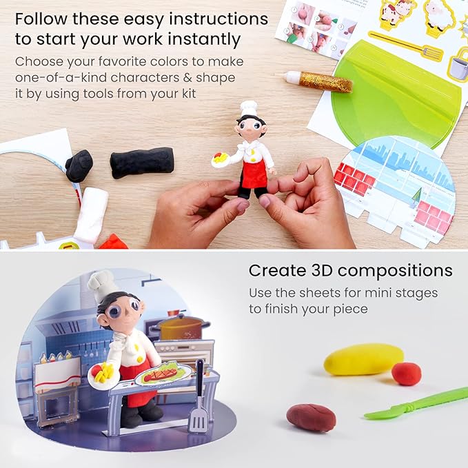 Arteza Kids Air Dry Clay, 42 Bars, Dream Career Modeling Clay Kit, 14 Mini-Stages, 14 Googly Eyes, 3 Glitter Glues, 1 Craft Tool, 7 Instruction Sheets, Craft Supplies for Learning and Developing