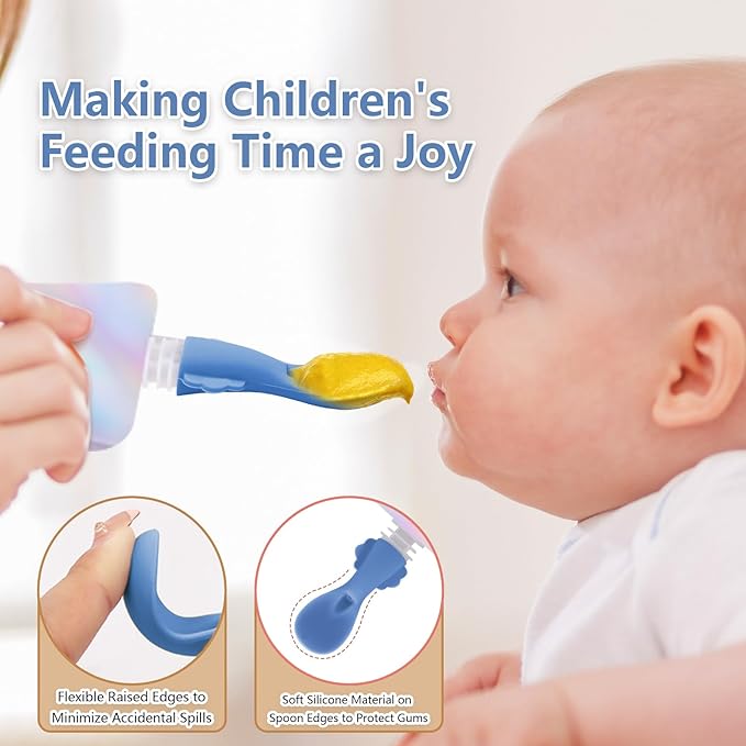 Silicone Spoon Attachment for Baby Food Pouch with On-the-Go Cases - Includes 2 Squeeze Pouch Topper Attachments (White-Blue)