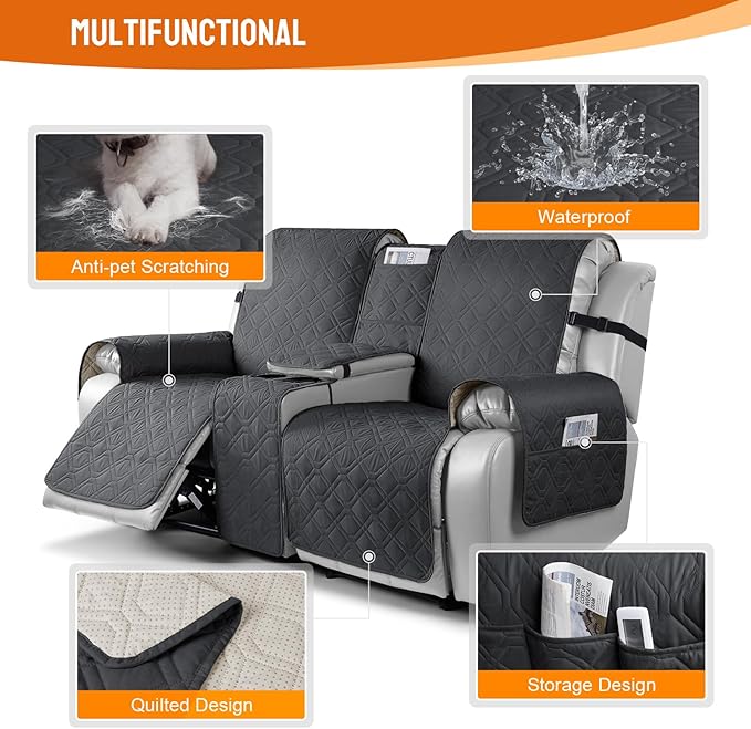 VANSOFY Loveseat Recliner Cover with Console 100% Waterproof Sofa Slipcovers Non-Slip Reclining Couch Cover Split Sofa Covers Furniture Protector for Pets, Dogs(Black)