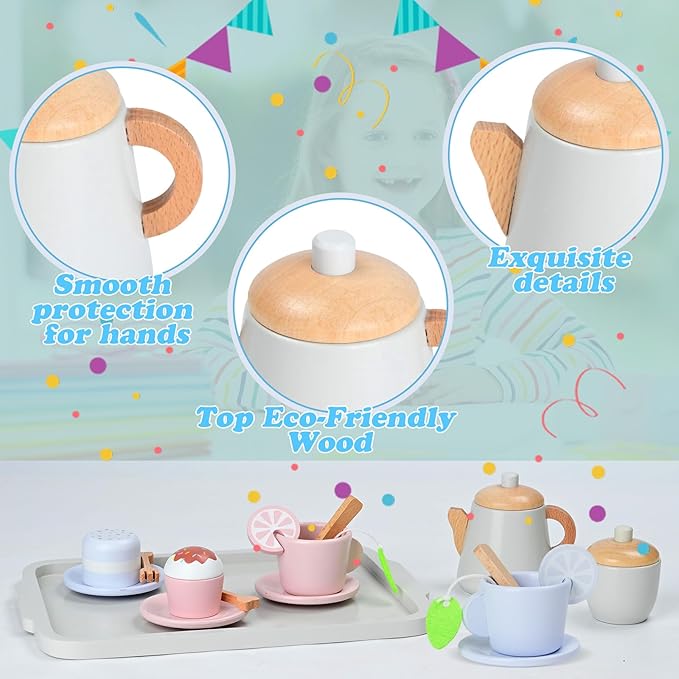 Two Color Design Toy Tea Party Set for Toddler Girls, Wooden Toy Tea Set, Toddler Play Food for 3-5-7 Years Girls and Boys…