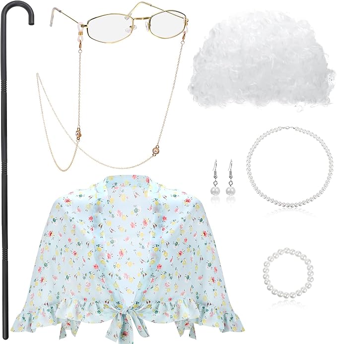 Tatuo 7pcs Halloween Old Lady Costume Granny Wig Shawl Cane Frame Glasses with Chain Pearl Necklace Bracelet Earrings