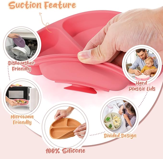 Meanplan 6 Pack Suction Plates for Toddlers with Lids Silicone Baby Plates set Food Grade Silicone Divided Design BPA Free Microwave and Dishwasher Safe Assorted Colors(Cute Colors)