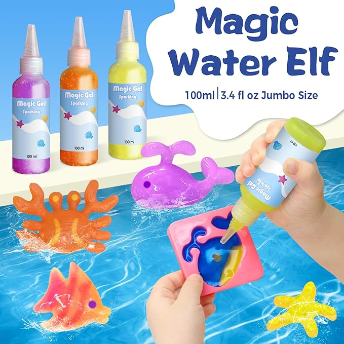 Hrsqu Magic Water Elf Toy Kit - Aqua Elf Water Gel Kit - 100ml Large Capacity Water Fairy Kits with 18 Marine Animals Molds - Christmas Gifts for Kids Birthday Gifts Party Favors (12 Colors)