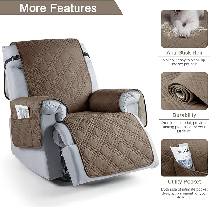 TAOCOCO 100% Waterproof Recliner Chair Cover, Oversized Recliner Covers for Large Recliner Chair with Double Straps, Non Slip Reclining Chair Cover for Kids, Pets(Oversized Recliner, Taupe)