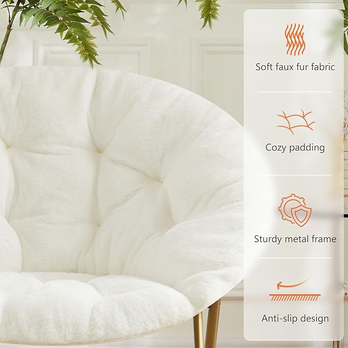 Sweetcrispy Cozy Saucer Chairs Faux Fur Living Room Reading Lounge Furniture Folding Comfy with Soft Thick Padded Seat Metal Frame Modern Style for Bedroom Home Adults, X-Large - White
