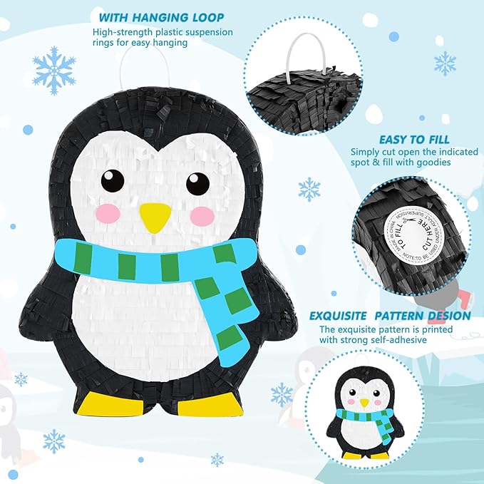 Lewtemi 15.1 Inch Penguin Piñata Winter Penguin Party Supplies Candy Animal Piñata with Stick Confetti and Blindfold Gift for Boy Girl Adult Winter Theme Birthday Party Supplies Decorations(Classic)