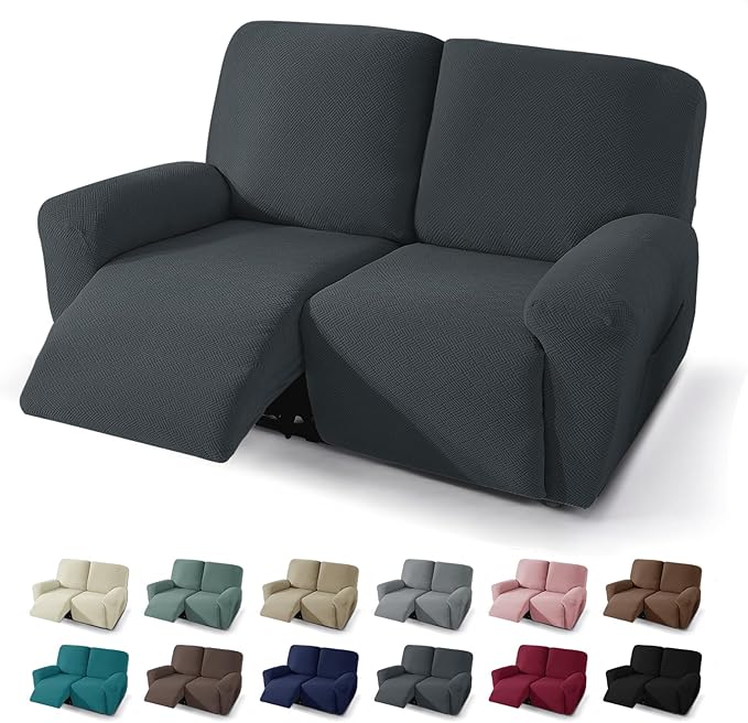 JIVINER 4 Pieces Recliner Loveseat Covers Stretch Recliner Sofa Slipcover with Elastic Bottom Jacquard Fitted Reclining Couch Cover Furniture Protector with Pockets (2 Seater, Dark Grey)
