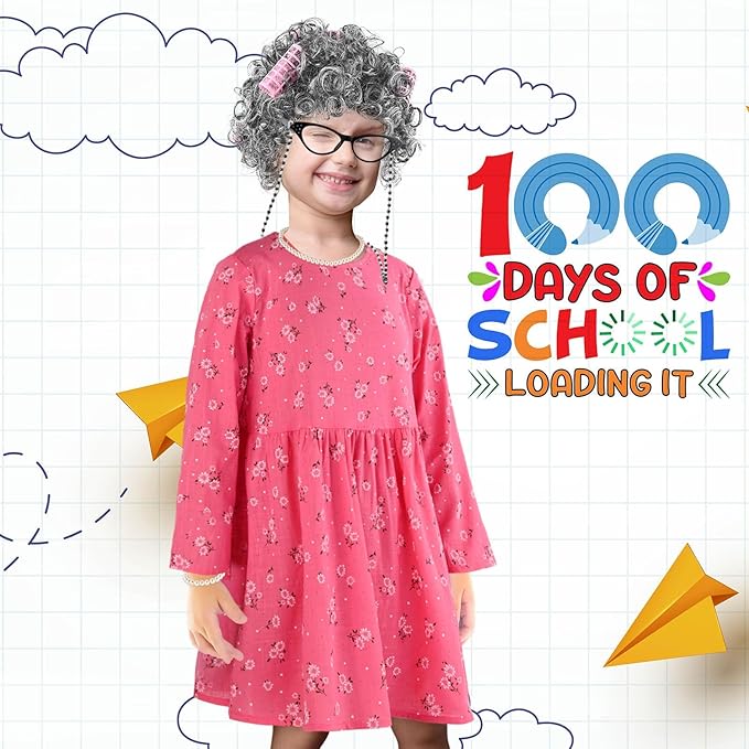 Old Lady Costume Kit Include Wig Floral Skirt Bucket Bag Glasses&Chain Cane for Halloween Granny Cosplay