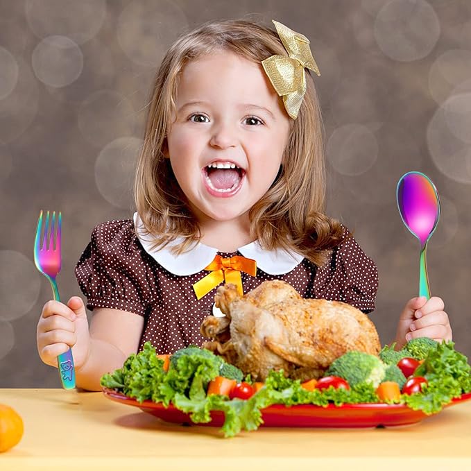 Pimoys 12 Pieces Toddler Utensils Kids Rainbow Silverware Set, Stainless Steel Childrens Safe Forks and Spoons, Metal Kids Cutlery Set, Dishwasher Safe