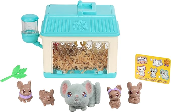 Little Live Pets - Mama Surprise Minis. Feed and Nurture a Lil' Mouse Inside Their Hutch so she can be a Mama. She has 2, 3, or 4 Babies with Surprise Accessories to Dress Up The Babies