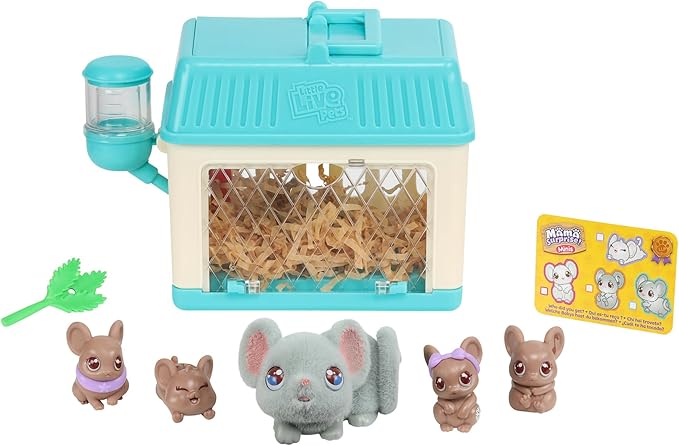 Little Live Pets - Mama Surprise Minis. Feed and Nurture a Lil' Mouse Inside Their Hutch so she can be a Mama. She has 2, 3, or 4 Babies with Surprise Accessories to Dress Up The Babies