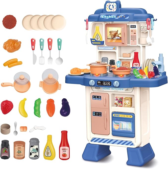 deAO Kitchen Playset Toy with Sounds and Lights, Role Playing Game Pretend Food and Cooking Playset for Kids,35 PCS Kitchen Accessories Set for 3 4 5 Years Old Girls Boys (Blue)