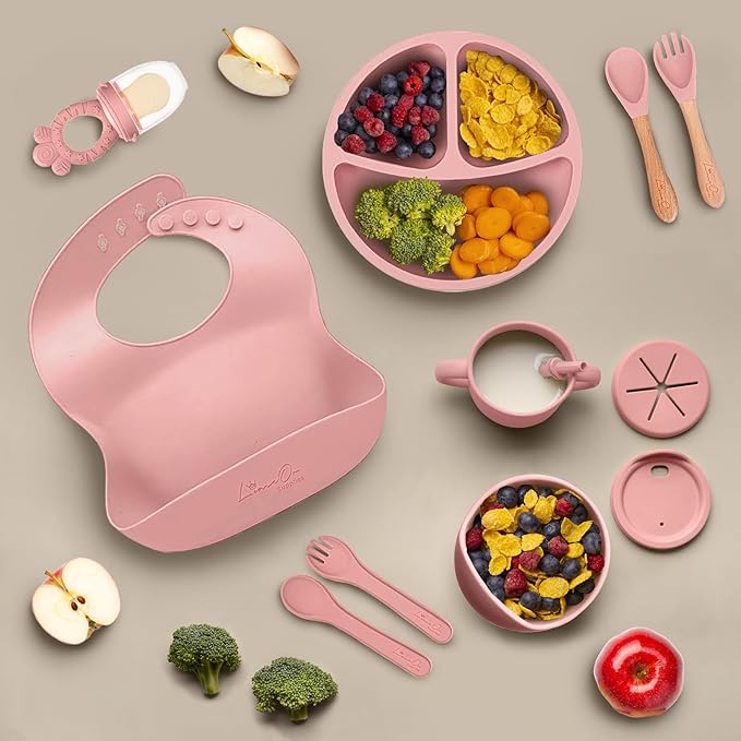 Silicone Baby Feeding Set - BPA-Free - Baby Led Weaning Supplies, Complete Kit toddler eating essentials – Empower Your Little One's Independence with LimOr's baby essentials 6-12 months (Pink)