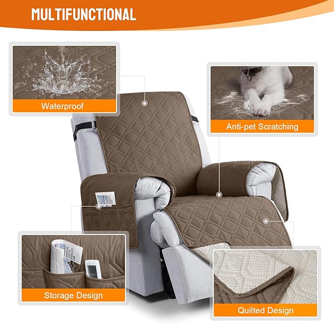 VANSOFY 100% Waterproof Recliner Chair Covers, Recliner Cover Non-Slip Dog Chair Cover Furniture Protector Washable Slipcover with Pocket, Elastic Straps for Pets, Dogs(Brown, 28")