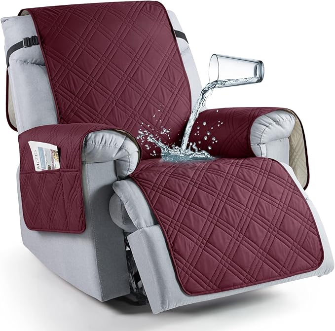 TAOCOCO 100% Waterproof Recliner Chair Cover, Non Slip Recliner Covers for Recliner Chair with Pocket, Washable Reclining Chair Cover Furniture Protector for Kids, Pets(Recliner Chair, Wine)