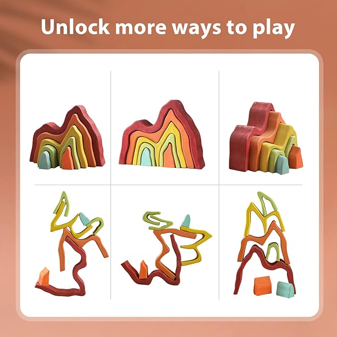 Wooden Rainbow Stacking Toy | House Bulding Block | Montessori Geometry Educational Stacking Game | Learning Educational Toys for Kids Baby Toddler（Volcano）